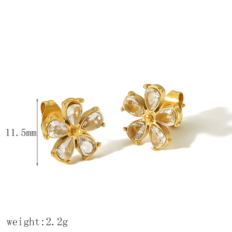 1 par de pendientes de botón de acero inoxidable chapados en oro de 18 quilates con forma de flor y diamantes de imitación para mujer h5 Imagen2